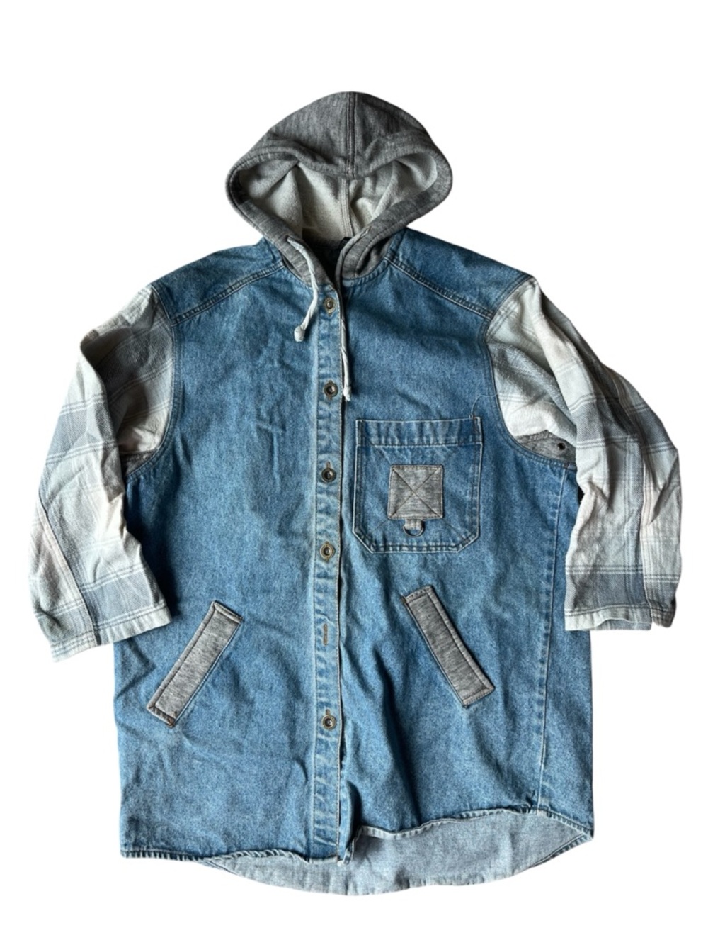 VINTAGE 90S HOODED PLAID 3/4 SLEEVE DENIM JACKET COTTON WOMENS ONE SIZE